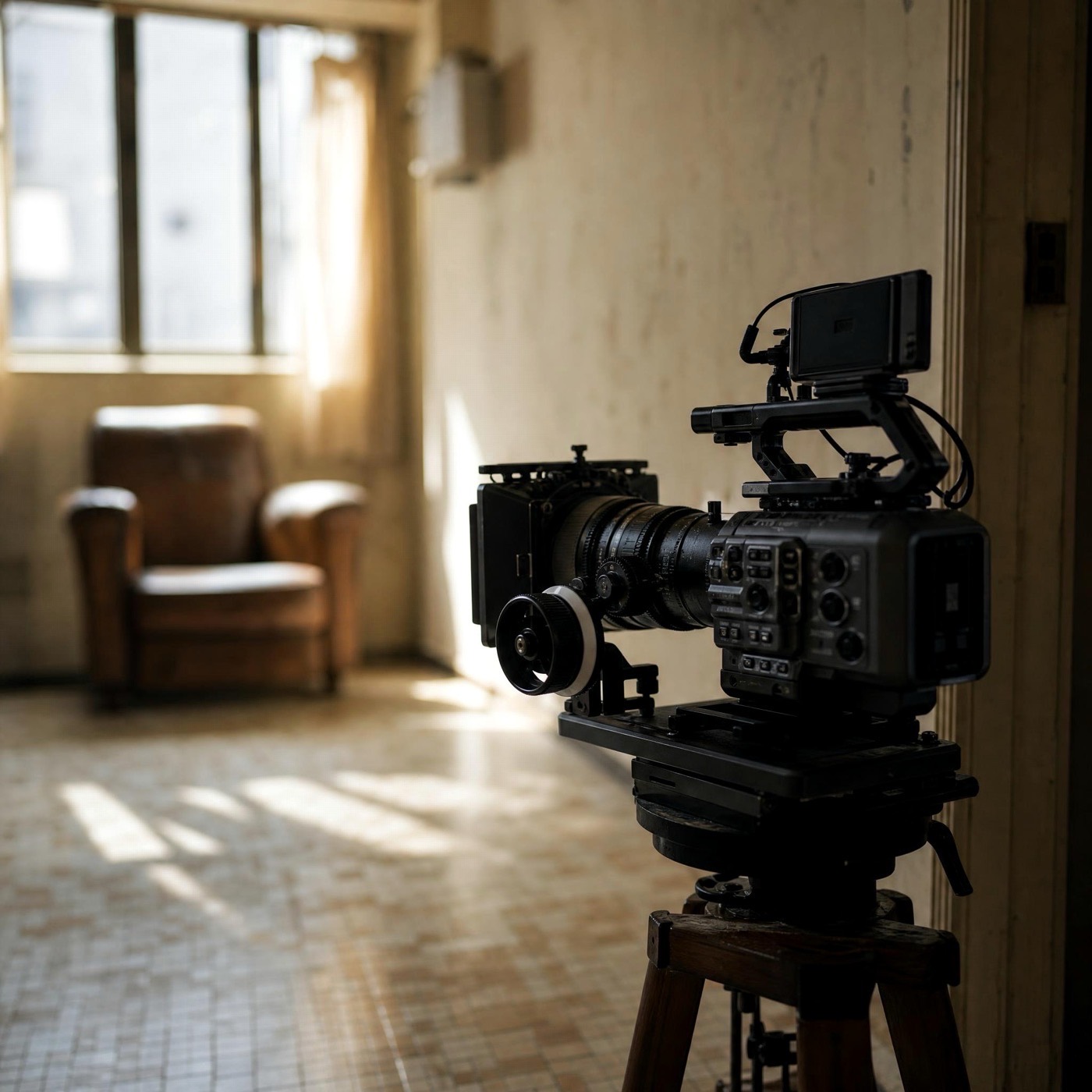 A cinema camera ready in a quiet home setting