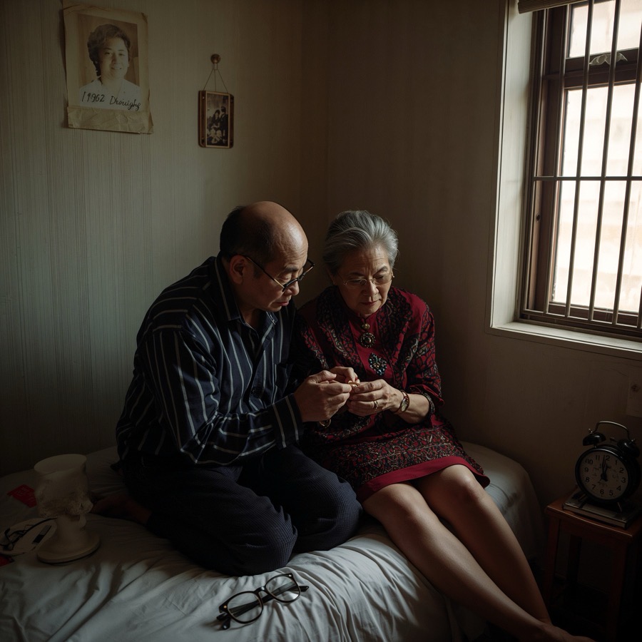 An older person in quiet reflection at home